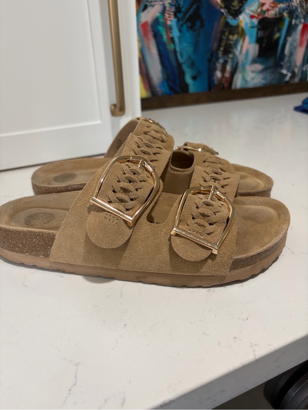 Cushionaire Cashew cork footbed sandals genuine leather suede